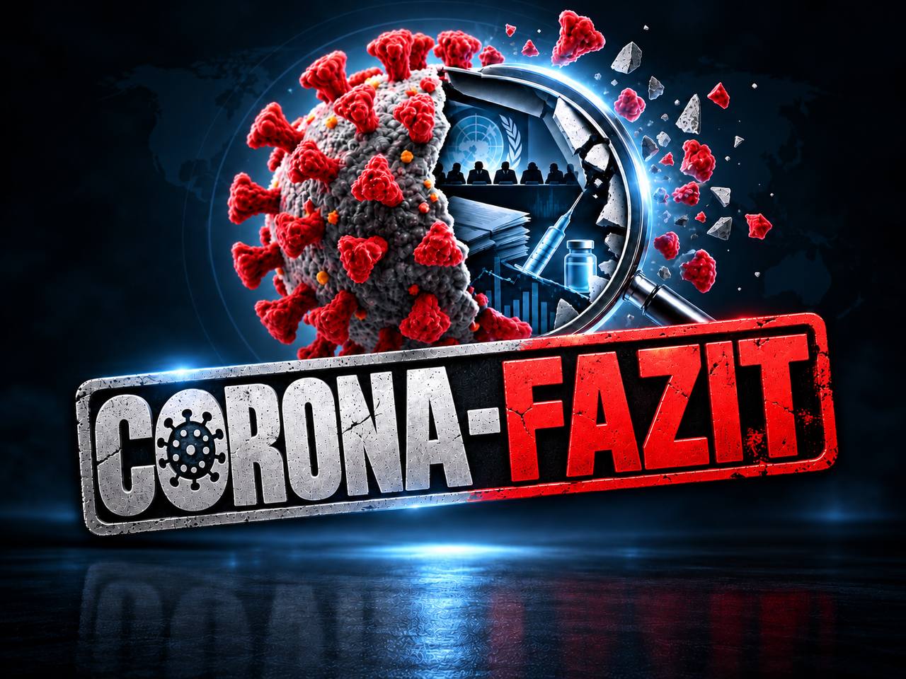CORONA-FAZIT – große Abschlussgrafik mit Virus, Lupe, Akten und Impfstoffmotiv.